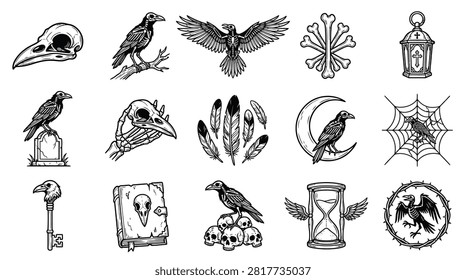 Collection of black and white gothic icons featuring raven skeletons, bird skulls, hourglass with wings, spider webs, and occult symbols on a white background for Halloween design.