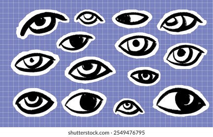 A collection of black and white graphic doodle eyes in collage style on a grid background. Each element has a different shape and expression.
