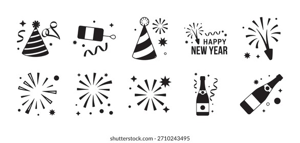 Eine Sammlung schwarz-weißer grafischer Elemente, die Silvester feiern, darunter Partyhüte, Feuerwerk, Champagnerflaschen und Konfetti.