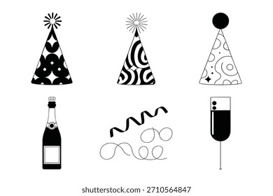 Una colección de Elementos gráficos en blanco y negro para celebraciones, que incluyen sombreros de fiesta, botella de champán, confeti y una copa.