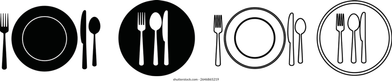 A collection of black and white graphic icons depicting dining settings. These include solid black silhouettes of a plate with a fork and spoon, and an outline of a plate with a fork, spoon, and knife