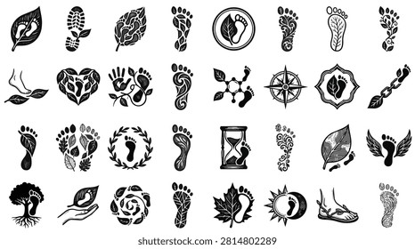 A collection of black and white graphic icons representing footprints, leaves, and nature-themed symbols. Various designs include footprints within leaves, a heart shape made of leaves, a compass, an hourglass, and winged footprints.