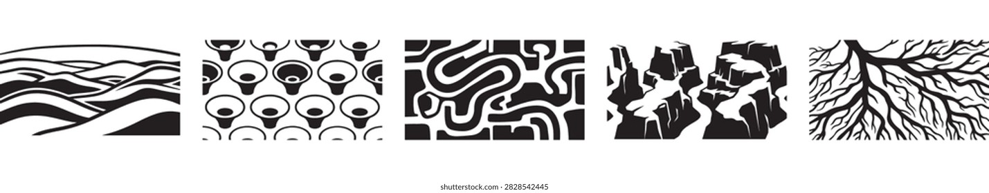 Collection of black and white graphic illustrations showcasing various natural elements such as rolling hills geometric patterns winding paths rocky crags and intricate tree roots