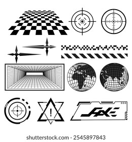 A collection of black and white graphics elements, including grids, target symbols, world maps, and geometric shapes, ideal for urban streetwear and streetstyle clothing design.