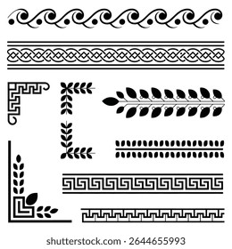 Collection of black and white Greek key patterns including borders corners and floral leaf and wave designs Simple geometric style