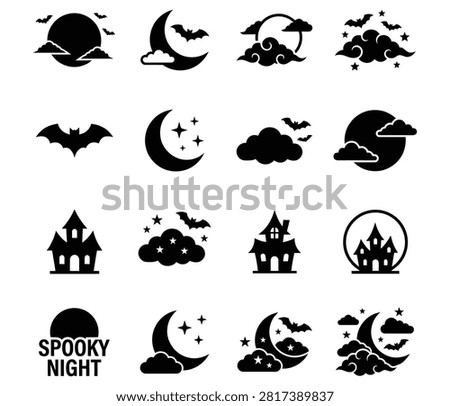 A collection of black and white halloween vector icons featuring spooky haunted houses bats moons and night clouds