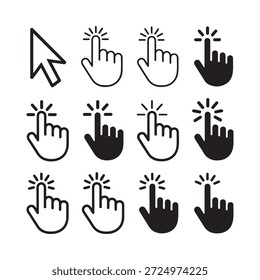 Colección de iconos de cursor de mano en blanco y negro que representan acciones de clic