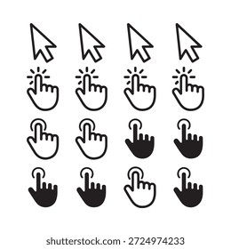 Colección de la mano en blanco y negro y los iconos del puntero del cursor en una cuadrícula