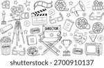 A collection of black and white hand drawn doodle illustrations featuring various cinema and filmmaking objects like a camera, director chair, clapperboard, film, and popcorn.