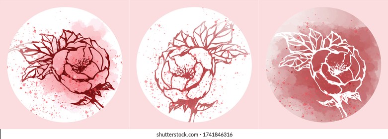 Colección, vector de línea de arte dibujado a mano en blanco y negro. Vector de rosa con vector hoja sobre fondo blanco, rojo y rosa. Ilustración de la naturaleza abstracta. Papel de pared panorámico.