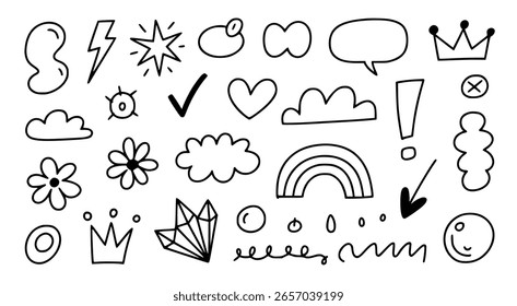 Colección de Elementos de doodle dibujados a mano en blanco y negro, incluidas Formas y símbolos.