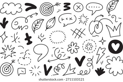 Eine Kollektion von handgezeichneten, schwarz-weißen Doodle-Elementen, die perfekt für kreative Projekte geeignet sind, mit Pfeilen, Sprechblasen, Sternen, Blättern und abstrakten Formen für eine einzigartige, künstlerische Note.