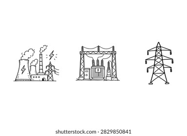 A collection of black and white hand drawn sketches representing a nuclear power station electricity substation and high voltage pylon towers for energy distribution