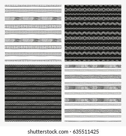 Collection of black and white hand drawn abstract patterns with horizontal brush lines.