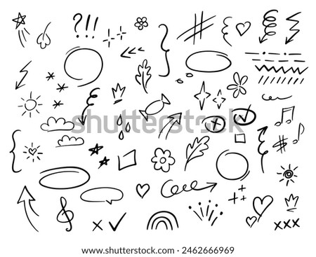 Collection of black and white hand drawn doodle icons including arrows, hearts, clouds, and abstract shapes for diverse applications.