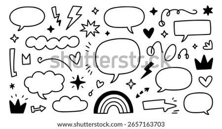 Collection of black and white hand drawn doodle elements including speech bubbles, lightning, hearts, stars, clouds, rainbow, and crowns.