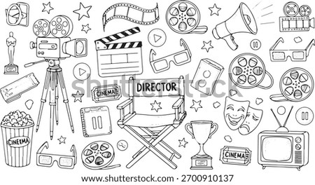 A collection of black and white hand drawn doodle illustrations featuring various cinema and filmmaking objects like a camera, director chair, clapperboard, film, and popcorn.