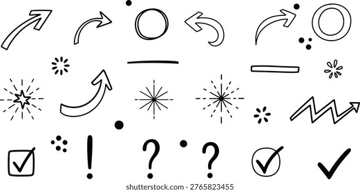 A collection of black and white hand-drawn doodles featuring arrows, checkmarks, stars, and question marks.