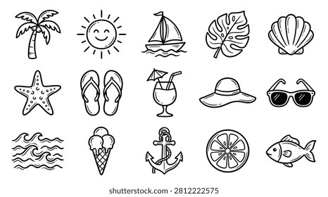 Collection of black and white hand-drawn summer beach vacation doodles. Features elements like a palm tree, sun, sailboat, monstera leaf, seashell, starfish, flip-flops, cocktail, hat, sunglasses, waves, ice cream, anchor, orange slice, and a fish. Great for minimalist designs, summer invitations, and travel-themed projects.