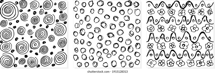 Colección de tramas impecables en blanco y negro. Tres simples texturas de lápiz dibujadas a mano con espirales, puntos, círculos, olas y flores