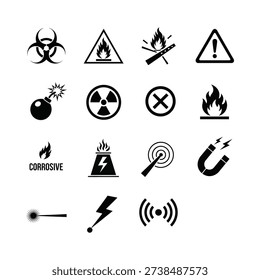 A collection of black and white hazard and warning symbols, including biohazard, flammable, explosive, radioactive, corrosive, electrical, and magnetic signs, displayed on a white background.