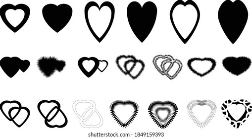 Collection of black and white heart vector shapes on white background
