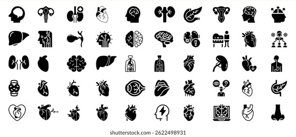 Collection of black and white human body organ icons for medical and educational concepts