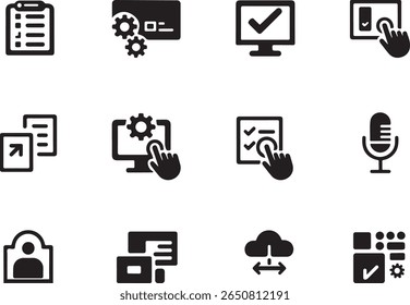 Una colección de iconos en blanco y negro para la gestión de datos, Configuraciones y procesos interactivos
