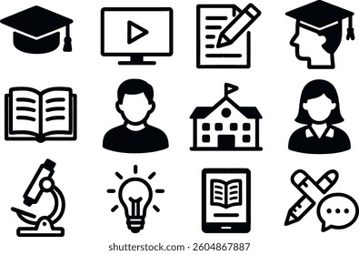 A collection of black and white icons depicting education elements, including a graduation cap, video play button, notebook, school building, and learning tools, symbolizing modern learning.