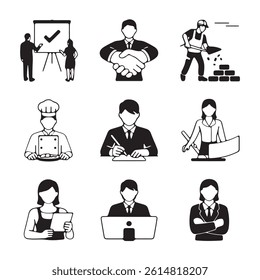 Collection of black and white icons depicting various professionals in different work environments.