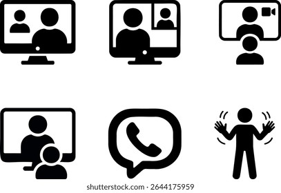 A collection of black and white icons depicting communication, connection, and relationships on transparent background
