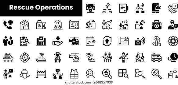 A collection of black and white icons depicting various rescue operations, illustrating emergency services, medical aid, and disaster response actions.