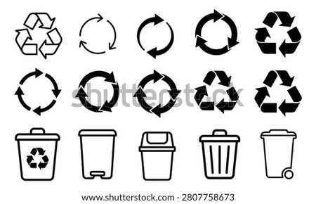 A collection of black and white icons depicting recycling symbols and various trash cans for eco-friendly and waste management themes
