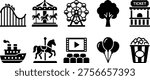 a collection of black and white icons featuring various amusement park attractions and symbols, including a roller coaster, merry-go-round, ferris wheel, tree, ticket booth, ship, carousel horse, film strip, balloons, and popcorn, representing fun, entertainment, and leisure activities.