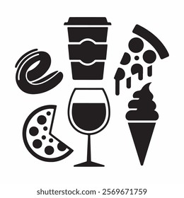  A collection of black and white icons featuring popular food and drinks including coffee, pizza, ice cream, and more. Perfect for food-related websites, blogs, or menu designs.