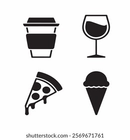  A collection of black and white icons featuring popular food and drinks including coffee, pizza, ice cream, and more. Perfect for food-related websites, blogs, or menu designs.