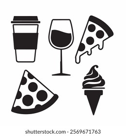  A collection of black and white icons featuring popular food and drinks including coffee, pizza, ice cream, and more. Perfect for food-related websites, blogs, or menu designs.