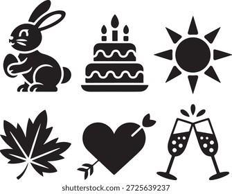 eine Sammlung schwarz-weißer Symbole mit verschiedenen Feiertagssymbolen, darunter ein Hase, Kuchen, Sonne, Blatt, Herz und Champagner