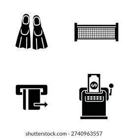 A collection of black and white icons featuring a telephone, cash register, flippers, and volleyball net on a clean white background silhouette