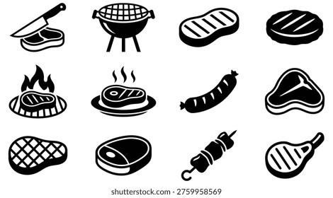 Una colección de iconos en blanco y negro con varias carnes a la parrilla y herramientas de barbacoa, perfecto para su uso en alimentos, cocina o estilo de vida relacionados con materiales de marketing y publicidad.