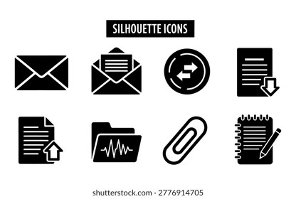 A collection of black and white icons featuring various office and document related symbols, including envelopes, files, and stationery items, all in silhouette style on a clean white background