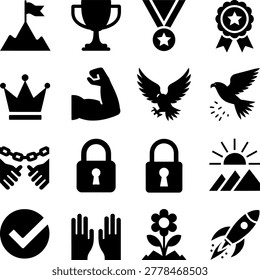 Collection of Black and White Icons Featuring Symbols Related to Victory Success Strength and Achievement