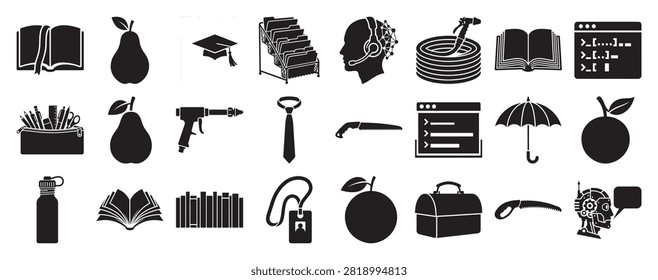 collection of black and white icons featuring books globe musical notes sports gear and educational elements perfect for learning and relaxation content