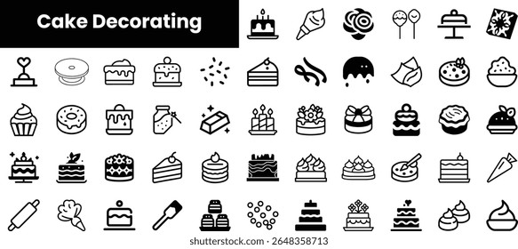 A collection of black and white icons illustrating various cake decorating elements, including cakes, frosting, and tools, perfect for baking enthusiasts.