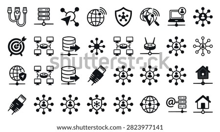 A collection of black and white icons illustrating various aspects of computer networking and data communication