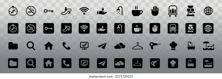 Collection of black and white icons. Icons include keys, coffee, shower, Wi-Fi, and more. Simple black icons on a transparent background. Icons for various uses. User interface icon vector set.