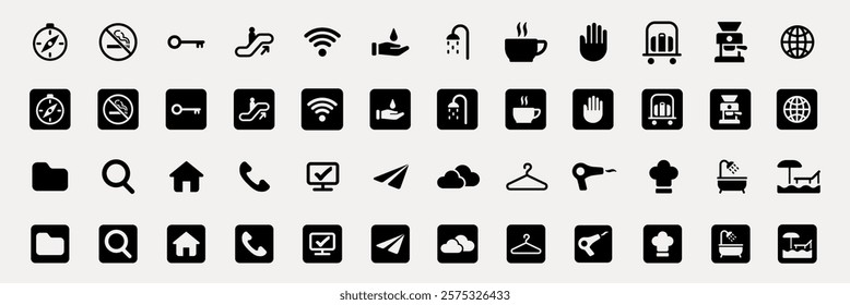 Collection of black and white icons. Icons include travel, communication, and household items. Simple, minimalist icons for diverse uses. User interface icon vector set.