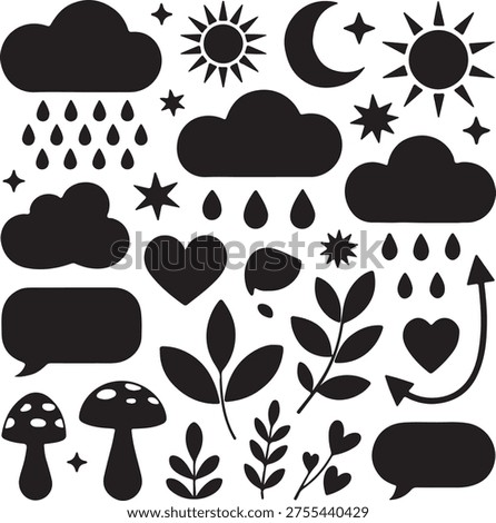 A collection of black and white icons including clouds, raindrops, and plants