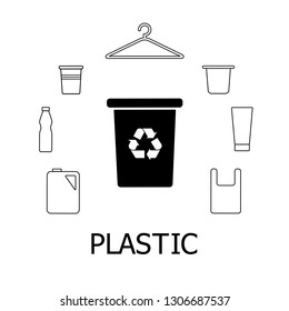 Collection of black and white icons of plastic waste. Pastic garbage and bin with recycling marc. Vector concept.