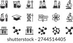 A collection of black and white icons representing various science laboratory equipment and education symbols.